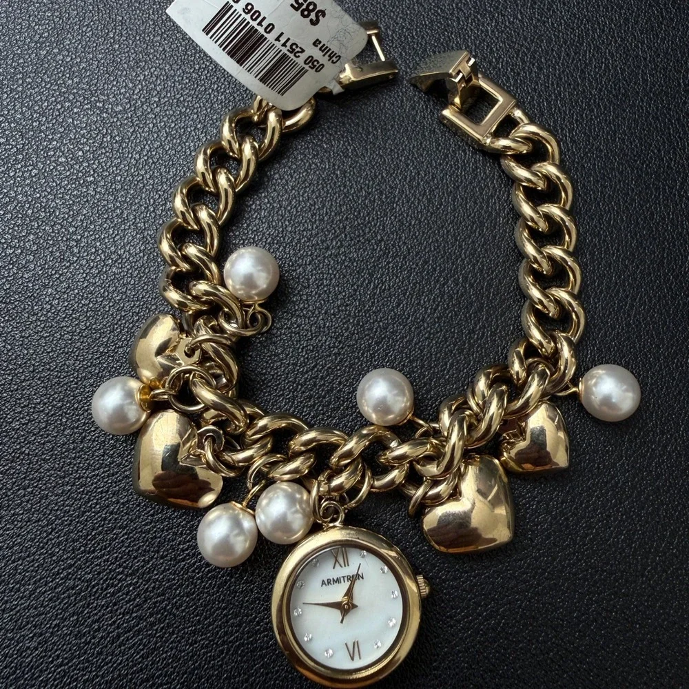 MSRP‎ $85 Armitron 75/5578GP Womens Gold Tone Charm Crystal Bracelet Watch New B